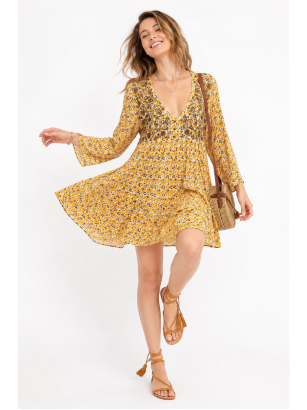 Zara Floral Embroidered Boho Mini Dress Size L Mustard Yellow Bell Sleeve - Picture 6 of 6
